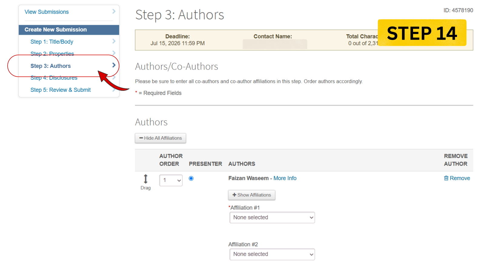 Step 3 Authors Entry
